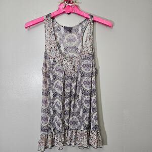 Fire Los Angeles Paisley Floral Tank Top XL Purple Boho Ruffle Hem Racerback